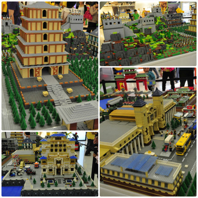 樂高積木拼成的大連自然博物館等大連地標模型，吸引了路人紛紛駐足欣賞。